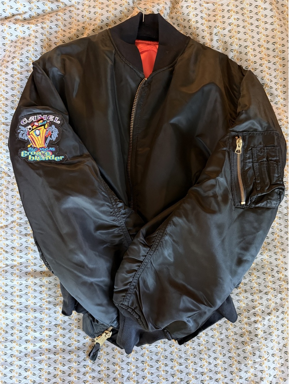 Vintage 90s Reversible MA-1 Style Bomber Jacket Camel Patch Black Orange L